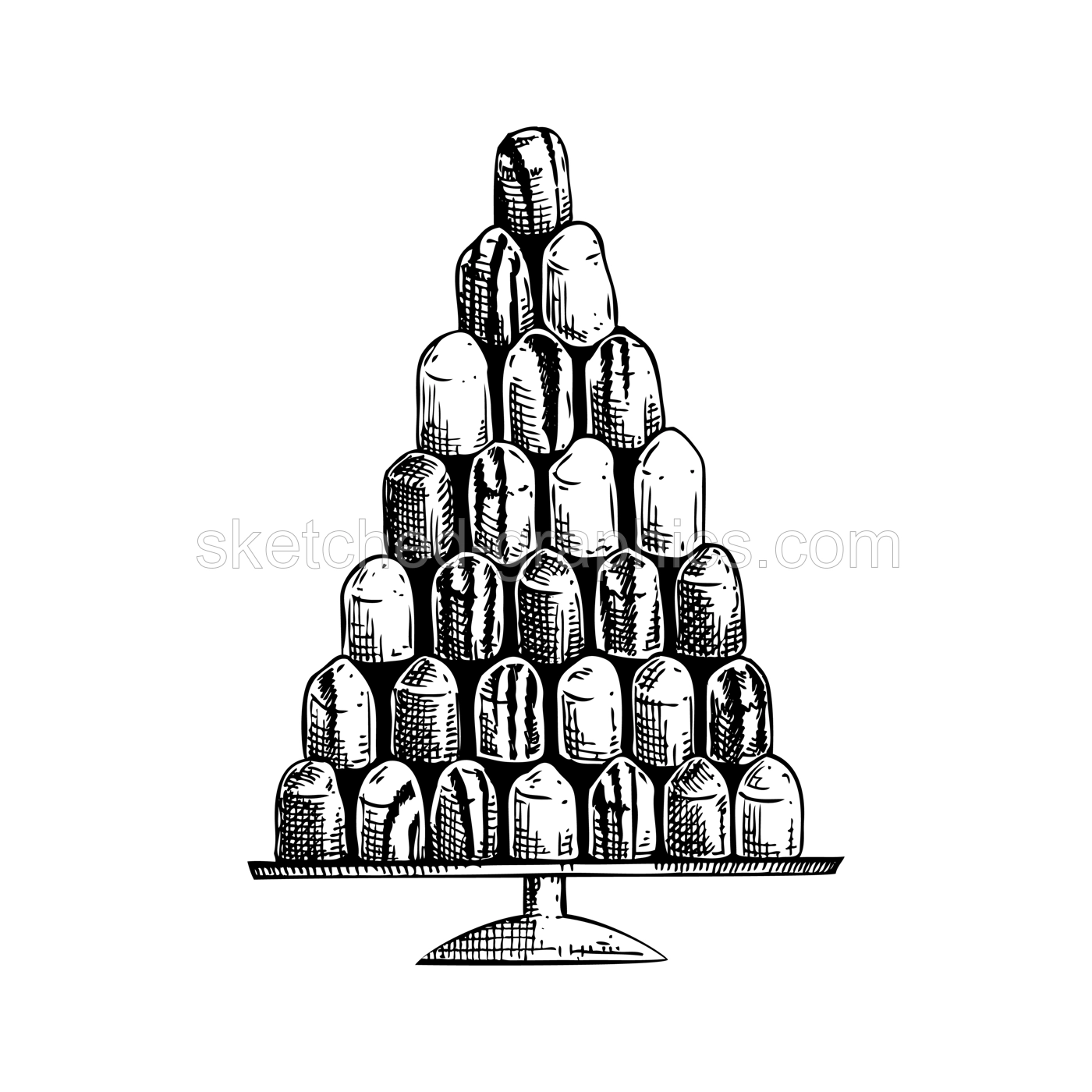 Mallow puffs sketch. Hand-drawn vector illustration. Schokokuss - delicious flavoured marshmallow filling on a waffle base. Traditional Christmas market food, dessert, sweets design element Illustration